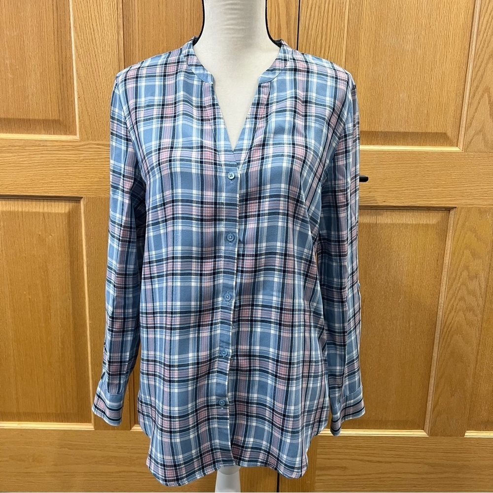 Women’s Dane Blue Plaid V-Neck Soft Joie Button Up Long Sleeve Blouse Size M - Picture 2 of 10